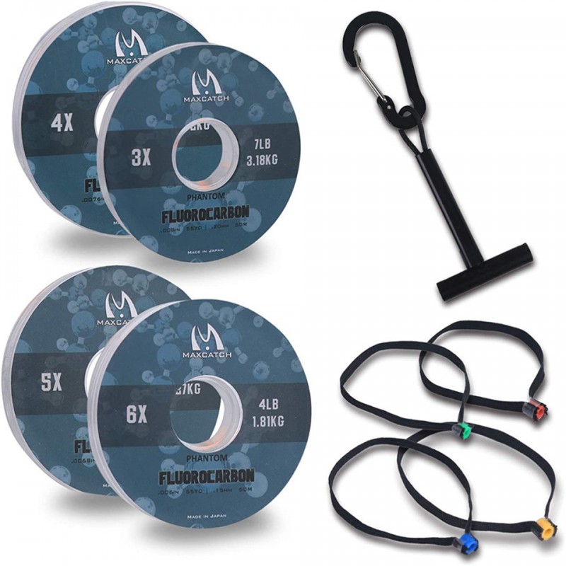 MAXIMUMCATCH Maxcatch Set Tippet Per Pesca A Mosca - 4 Bobine 3X-6X (50 M), Porta Tippet E 4 Tender, Nylon Trasparente