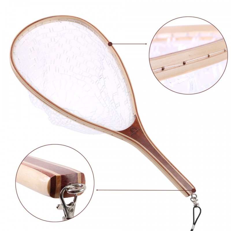 Fly Fishing Landing Net Trout Rubber Net With Wooden Handle